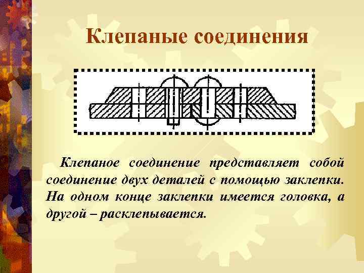 Клепаные соединения Клепаное соединение представляет собой соединение двух деталей с помощью заклепки. На одном