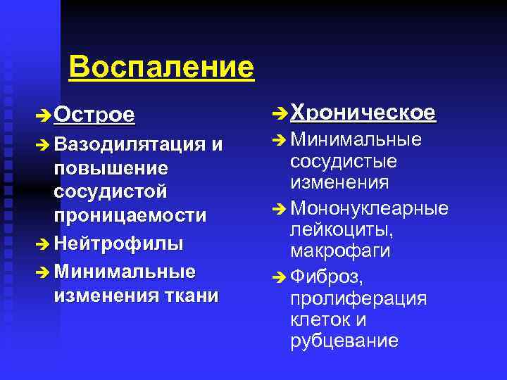 Воспаление è Хроническое è Острое è Вазодилятация и повышение сосудистой проницаемости è Нейтрофилы è