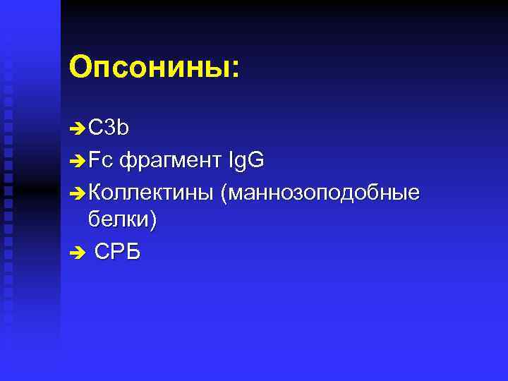 Опсонины: è C 3 b è Fc фрагмент Ig. G è Коллектины (маннозоподобные белки)