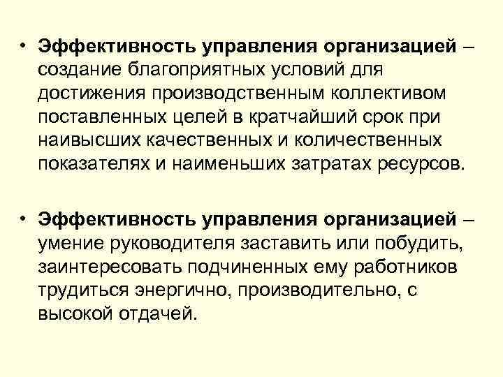  • Эффективность управления организацией – создание благоприятных условий для достижения производственным коллективом поставленных