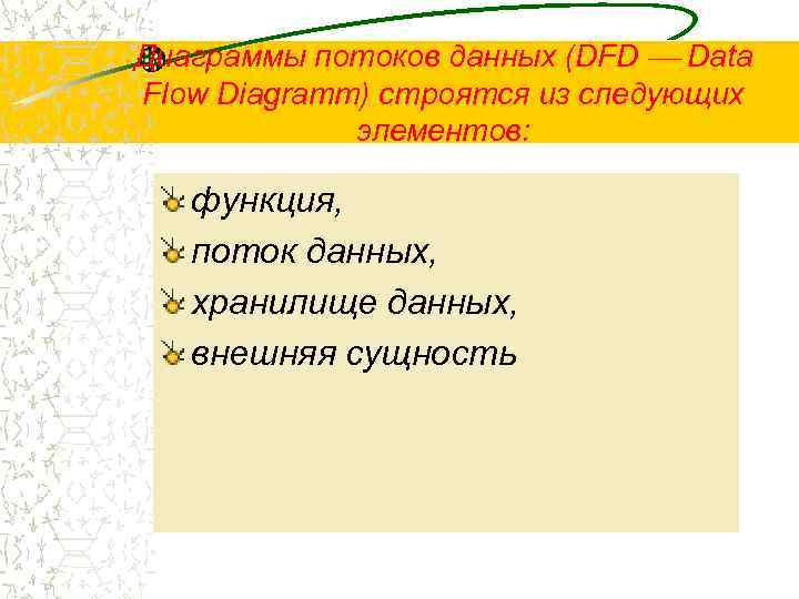 Диаграммы потоков данных (DFD Data Flow Diagramm) строятся из следующих элементов: функция, поток данных,