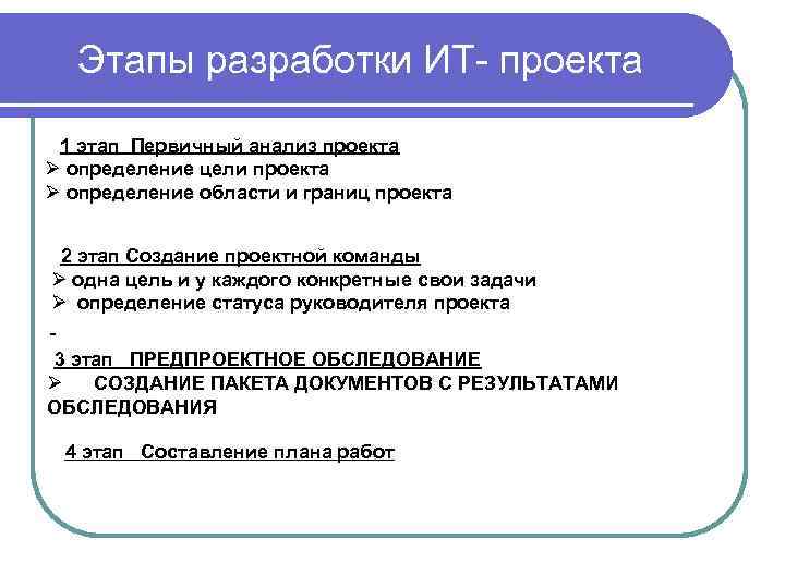 Этапы разработки ИТ- проекта 1 этап Первичный анализ проекта Ø определение цели проекта Ø