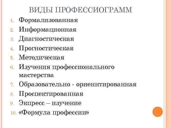 ВИДЫ ПРОФЕССИОГРАММ Формализованная 2. Информационная 3. Диагностическая 4. Прогностическая 5. Методическая 6. Изучения профессионального