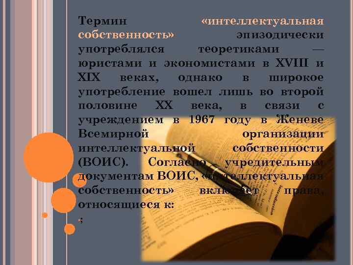 Термин «интеллектуальная собственность» эпизодически употреблялся теоретиками — юристами и экономистами в XVIII и XIX