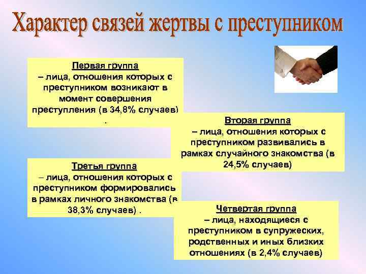 Первая группа – лица, отношения которых с преступником возникают в момент совершения преступления (в