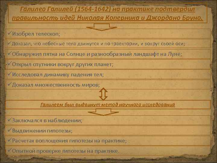 Галилео Галилей (1564 -1642) на практике подтвердил правильность идей Николая Коперника и Джордано Бруно.