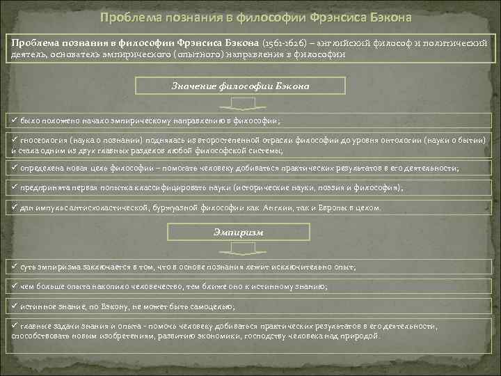 Проблема познания в философии Фрэнсиса Бэкона (1561 -1626) – английский философ и политический деятель,