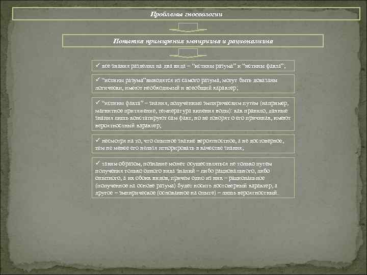 Проблемы гносеологии Попытка примирения эмпиризма и рационализма ü все знания разделил на два вида