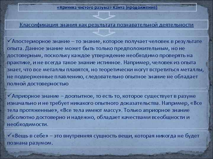  «Критика чистого разума» Канта (продолжение) Классификация знания как результата познавательной деятельности üАпостериорное знание