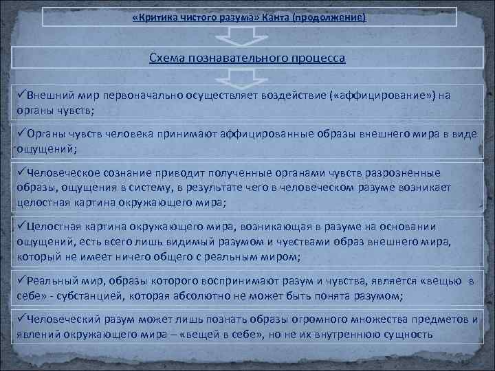  «Критика чистого разума» Канта (продолжение) Схема познавательного процесса üВнешний мир первоначально осуществляет воздействие