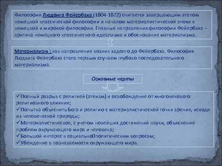 Философия Людвига Фейербаха (1804 -1872) считается завершающим этапом немецкой классической философии и началом материалистической