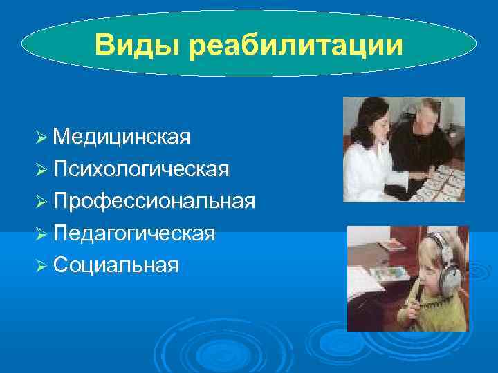 Виды реабилитации Медицинская Психологическая Профессиональная Педагогическая Социальная 