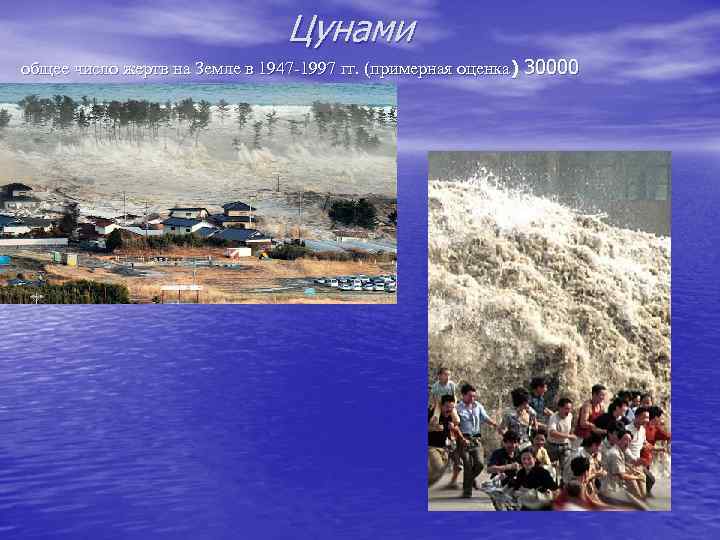 Цунами общее число жертв на Земле в 1947 -1997 гг. (примерная оценка) 30000 