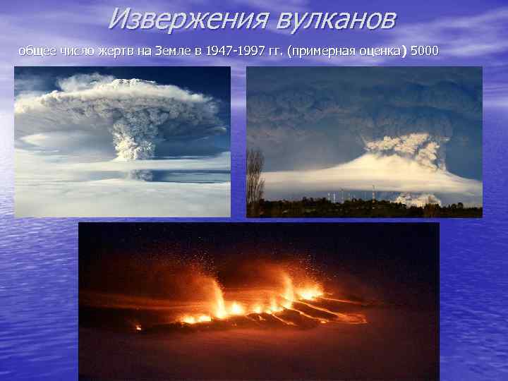 Извержения вулканов общее число жертв на Земле в 1947 -1997 гг. (примерная оценка )
