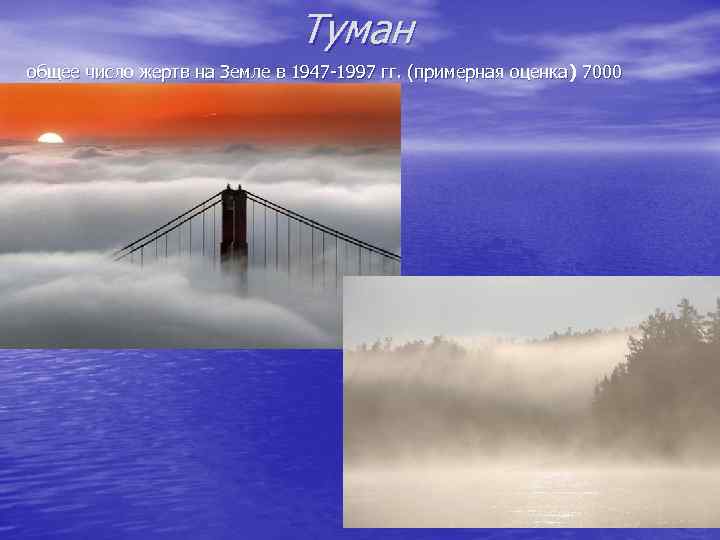 Туман общее число жертв на Земле в 1947 -1997 гг. (примерная оценка ) 7000