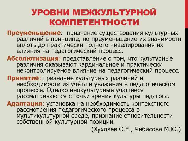 УРОВНИ МЕЖКУЛЬТУРНОЙ КОМПЕТЕНТНОСТИ Преуменьшение: признание существования культурных различий в принципе, но преуменьшение их значимости