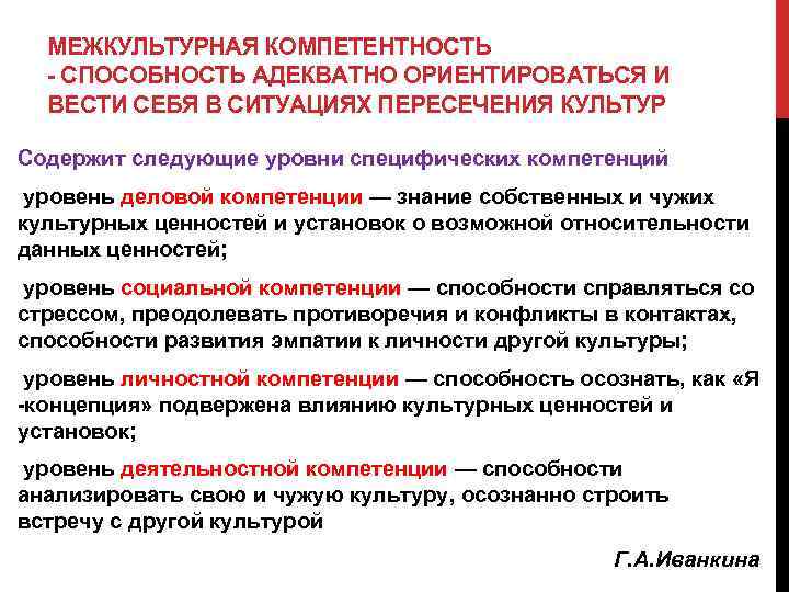 МЕЖКУЛЬТУРНАЯ КОМПЕТЕНТНОСТЬ - СПОСОБНОСТЬ АДЕКВАТНО ОРИЕНТИРОВАТЬСЯ И ВЕСТИ СЕБЯ В СИТУАЦИЯХ ПЕРЕСЕЧЕНИЯ КУЛЬТУР Содержит