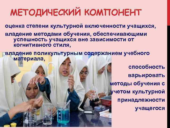 МЕТОДИЧЕСКИЙ КОМПОНЕНТ оценка степени культурной включенности учащихся, владение методами обучения, обеспечивающими успешность учащихся вне
