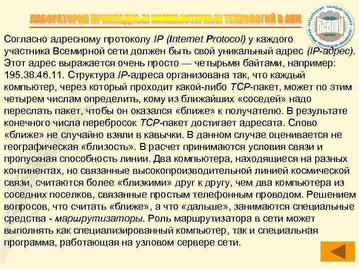 Согласно адресному протоколу IP (Internet Protocol) у каждого участника Всемирной сети должен быть свой