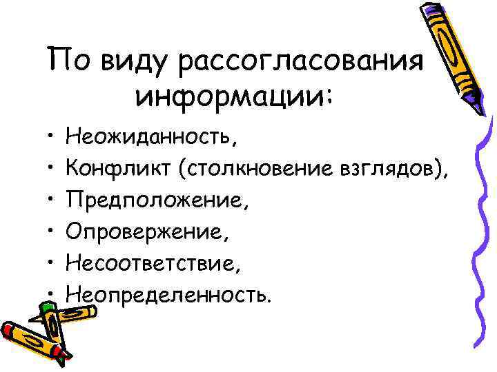 По виду рассогласования информации: • • • Неожиданность, Конфликт (столкновение взглядов), Предположение, Опровержение, Несоответствие,