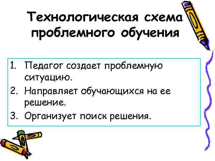 Технологическая схема проблемного обучения 1. Педагог создает проблемную ситуацию. 2. Направляет обучающихся на ее