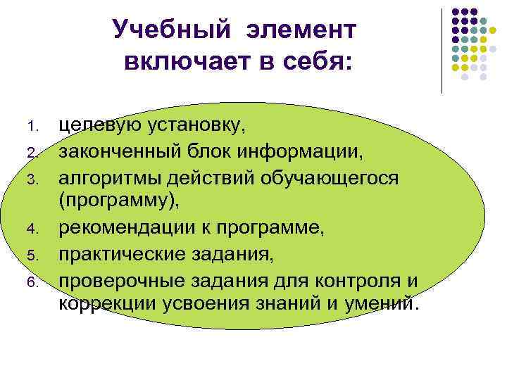  Учебный элемент включает в себя: 1. целевую установку, 2. законченный блок информации, 3.