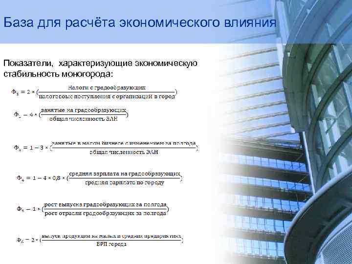 База для расчёта экономического влияния Показатели, характеризующие экономическую стабильность моногорода: 
