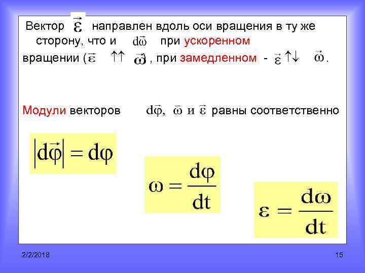 Вектор направлен вдоль оси вращения в ту же сторону, что и при ускоренном вращении