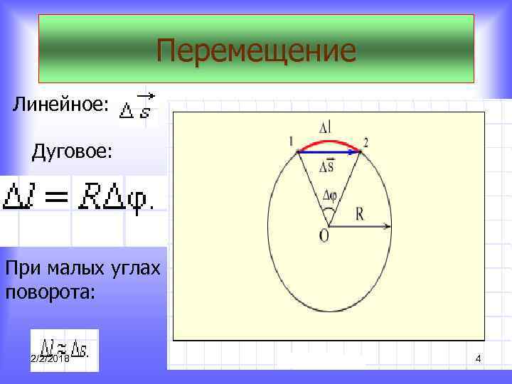 Перемещение Линейное: Дуговое: При малых углах поворота: 2/2/2018 4 