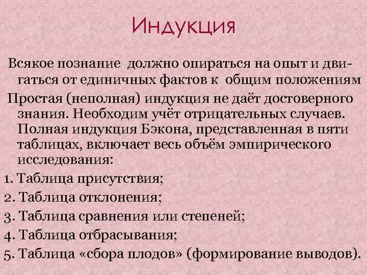 Индукция Всякое познание должно опираться на опыт и двигаться от единичных фактов к общим