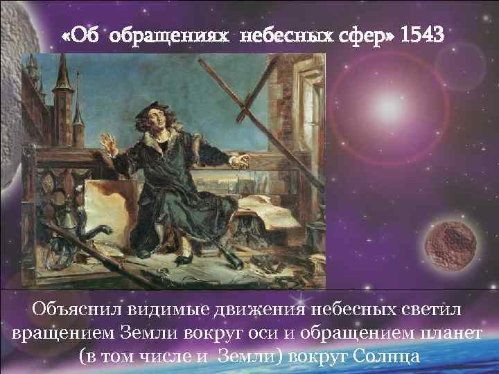  «Об обращениях небесных сфер» 1543 Объяснил видимые движения небесных светил вращением Земли вокруг