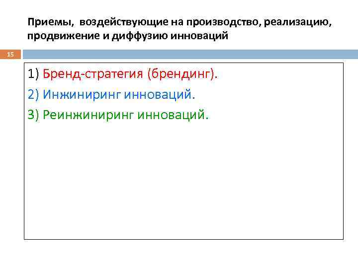 Приемы, воздействующие на производство, реализацию, продвижение и диффузию инноваций 15 1) Бренд-стратегия (брендинг). 2)