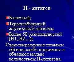 Н - антиген Белковый; Термолабильный жгутиковый антиген; Более 50 разновидностей (Н 1, Н 2…);