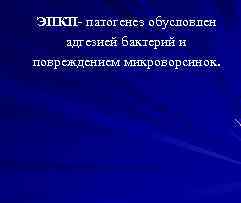 ЭПКП- патогенез обусловлен адгезией бактерий и повреждением микроворсинок. 