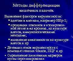 Методы дифференциации кишечных палочек Выявление факторов вирулентности: § адгезии к клеткам, например НЕр-2; §