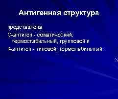 Антигенная структура представлена О-антиген - соматический, термостабильный, групповой и термостабильный, К-антиген - типовой, термолабильный.