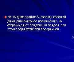 На жидких средах S- формы колоний дают равномерное помутнение, Rформы- дают придонный осадок, при