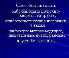 Способны вызывать заболевания желудочнокишечного тракта, оппортунистические инфекции, а также инфекции мочевыводящих, дыхательных путей, раневые,