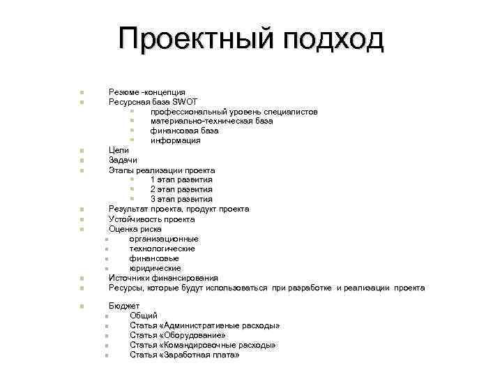 Проектный подход Резюме -концепция Ресурсная база SWOT профессиональный уровень специалистов материально-техническая база финансовая база