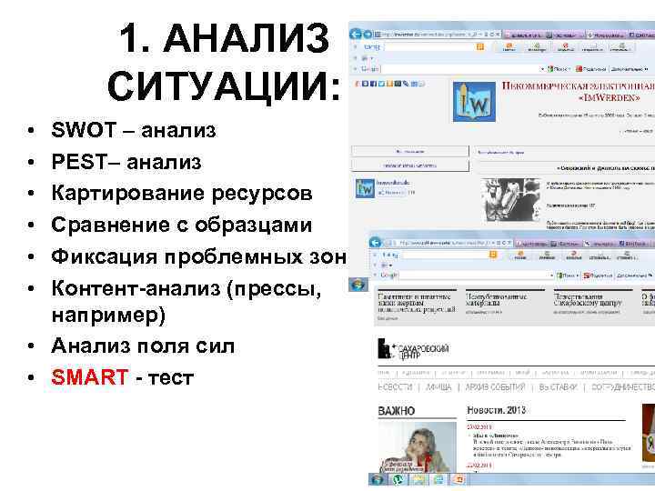 1. АНАЛИЗ СИТУАЦИИ: • • • SWOT – анализ PEST– анализ Картирование ресурсов Сравнение
