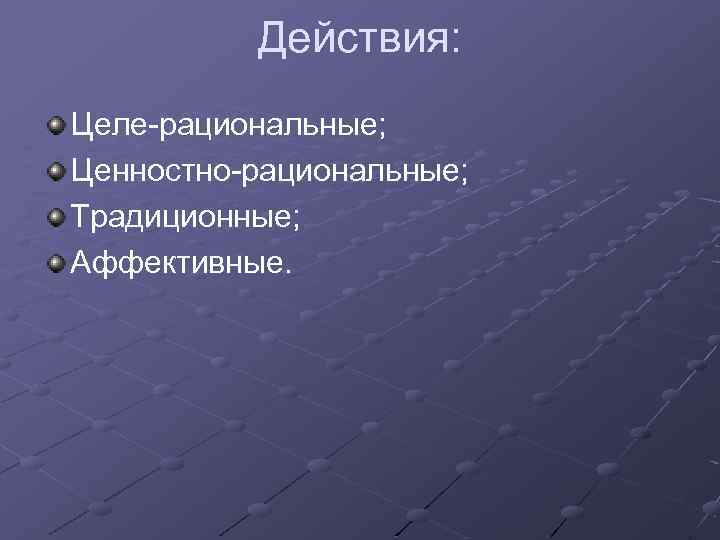 Действия: Целе-рациональные; Ценностно-рациональные; Традиционные; Аффективные. 