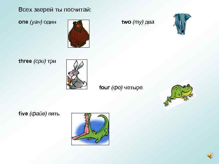 Всех зверей ты посчитай: one (уан) один two (ту) два three (сри) три four