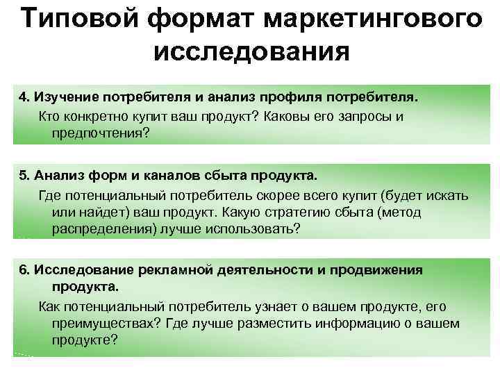 Типовой формат маркетингового исследования 4. Изучение потребителя и анализ профиля потребителя. Кто конкретно купит