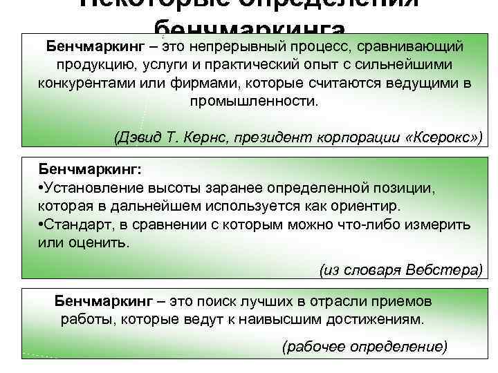Некоторые определения бенчмаркинга сравнивающий Бенчмаркинг – это непрерывный процесс, продукцию, услуги и практический опыт