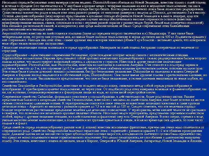 Несколько отрядов бескилевых птиц вымерли совсем недавно. Dinornithiformes обитали на Новой Зеландии, известны только