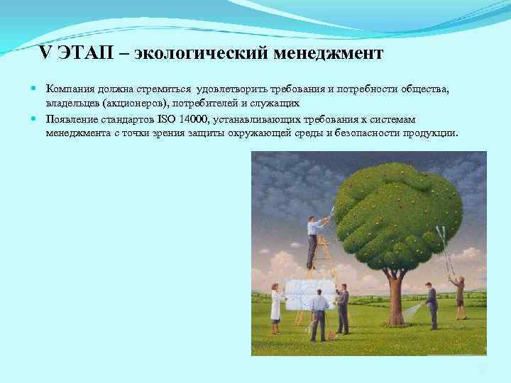 V ЭТАП – экологический менеджмент Компания должна стремиться удовлетворить требования и потребности общества, владельцев