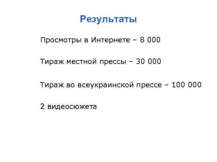 Результаты Просмотры в Интернете – 8 000 Тираж местной прессы – 30 000 Тираж