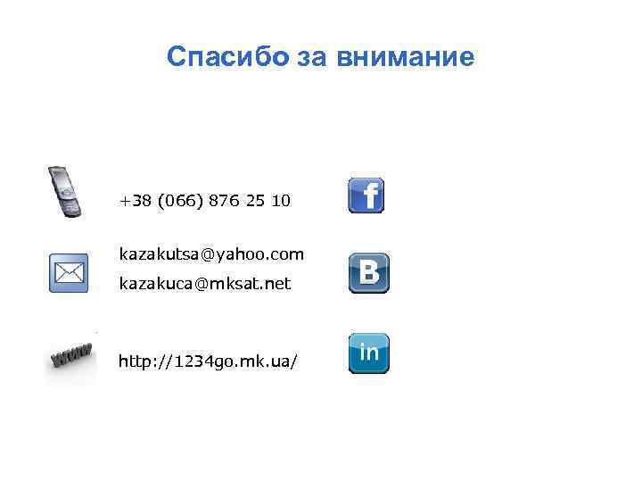 Спасибо за внимание +38 (066) 876 25 10 kazakutsa@yahoo. com kazakuca@mksat. net http: //1234