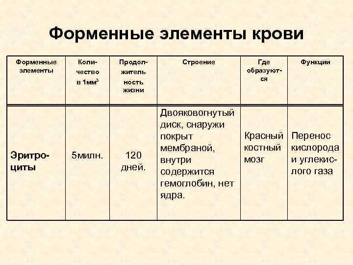 Форменные элементы крови Форменные элементы Эритроциты Количество в 1 мм 3 5 милн. Продолжитель