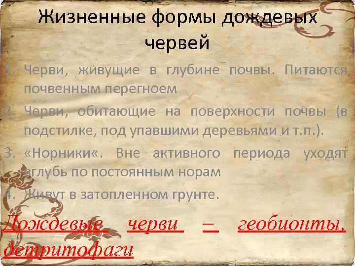 Жизненные формы дождевых червей 1. Черви, живущие в глубине почвы. Питаются почвенным перегноем 2.